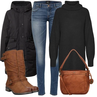 Outfit s Černá Dlouhý Zimní Kabát/Dlouhý Svetr/Svetrové Šaty/Dlouhá tylová sukně/Dlouhé Šaty VERO MODA "Zimní outfity"