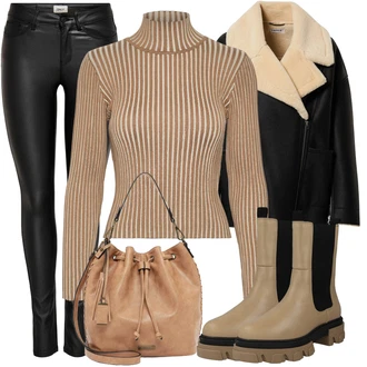 Outfit s Béžová/Hnědá Kozačka Chelsea Boty/Kožená bunda/Gumová Kotníková Bota VERO MODA "Zimní outfity"