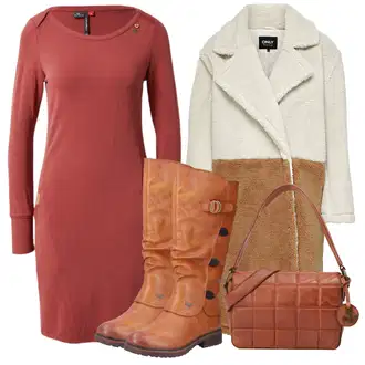 Outfit s Béžová/Hnědá Kožich Kabát/kabát z Lamy/Teddy Kabát/Kabát Bouclé Only "Zimní outfity"