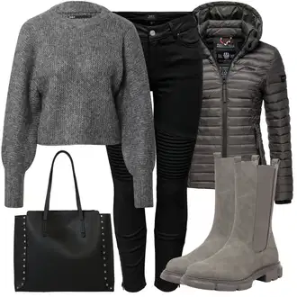 Kombinacije za zimu Gotički sa Crna/Bijela Poslovna Torba/Ured Za Torbu/Torba Za Preko Ramena/Shopper torba/Torba za nošenje/Torba za rame/Veliki džep/Velika torba About You "Zimski look"Look: Talijanski, Chic, cool, Gotički