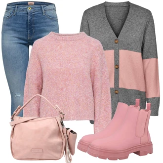 Outfit sa Pink Chelsea Gležnjača/Kožna Jakna/Ravna Gležnjača/Gumena Gležnjača About You "Zimski outfit za slobodno vrijeme"