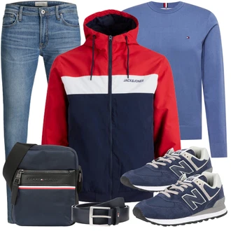 Retro Outfit mit Blau/Hellblau/Dunkelblau/Grau Schnürschuh/Schnürer/Sneaker Low/Schmaler Sneaker/Vintage Sneaker/Walkingschuh/Winter Sneaker New Balance "Alltags Outfit"Look: Esthetische, Casual, Classic, Metal, Retro, Smart Casual, Sportlich, Unisex, Workwear, Schön, Outdoor