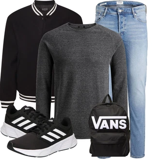 Outfit mit Grau/Dunkelgrau/Dunkelgrün/Grün Strick Top/Rollkragenshirt/Langarm-Shirt/Klassische Länge/Longshirt Jack & Jones "Cool für die Freizeit"