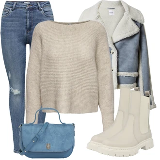 Outfit sa Kaki/Krem/Bež/Smeđa/Bijela Čizmica Chelsea Gležnjača/Kožna Jakna Bullboxer "Cool zimski outfit"