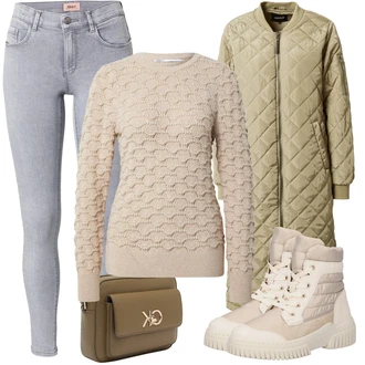 Outfit sa Kaki/Bež/Tamnozelena Dugi Pernati Kaput/Dugi Zimski Kaput/Prošiveni kaput Only "Cool zimski outfit"