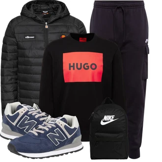 Strick Outfit mit Schwarz/Mischfarben/Orange/Rot Damen Pullover/Sport Sweatshirt/Pullover mit Stehkragen/Lederjacke Hugo "Cooles Winter Outfit"