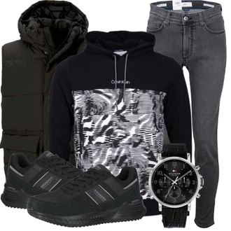 Winter Outfits Vintage mit Schwarz/Dunkelgrün/Mischfarben/Blau/Grau Armbanduhr/Uhrenbatterie Tommy Hilfiger "Cooles Winter Outfit"Look: Rap, 80er, Vintage, Irische, Schön, Old Money, Elegant, Retro, Metal, Mafia