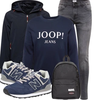 Retro Outfit mit Blau/Hellblau/Dunkelblau/Grau Schnürschuh/Schnürer/Sneaker Low/Schmaler Sneaker/Vintage Sneaker/Walkingschuh/Winter Sneaker New Balance "Cooles Winter Outfit"Look: Esthetische, Casual, Classic, Metal, Retro, Smart Casual, Sportlich, Unisex, Workwear, Schön, Outdoor