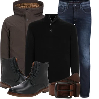 Outfit mit Schwarz Lederjacke/Springerstiefel/Klassischer Stiefel/Gefütterte Stiefelette/Flache Stiefelette/Leder Stiefelette/Schnürstiefelette shoe the bear "Cooles Winter Outfit"