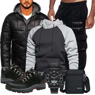 Vintage Outfit mit Grau/Dunkelgrau/Hellgrau/Dunkelblau Pullover mit Reißverschluss/Kapuzenpullover/Unisex Hoodie/Hoodie/Ausgefallener Hoodie/Sport Sweatshirt MANLUODANNI "Cooles Winter Outfit"Look: Hip Hop, Casual, Classic, Sportlich, Vintage, Schlichte, Zuhause, Skater, Schön, Outdoor, Moderne, Coole