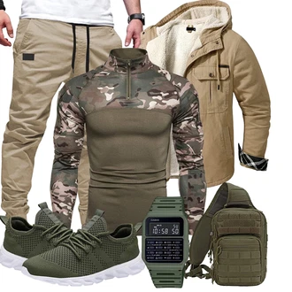 Outfit mit Beige/Khaki Hoodie Women's Fleece Sweatshirts/Strick Hoodie/Ausgefallener Hoodie/Pullover mit Stehkragen/Sweatjacke Mr.Stream "Cooles Winter Outfit"