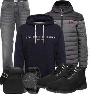 Winter Outfits Vintage mit Dunkelblau Hoodie/Vintage Hoodie/Ausgefallener Hoodie/Sport Hoodie/Unisex Hoodie/Sweatshirt/Damen Pullover/Kapuzenpullover/Sweatmode Tommy Hilfiger "Cooles Winter Outfit"Look: Metal, Indoor, Zuhause, Vintage, 70er, Mom, Uni
