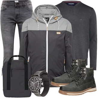 Outfit mit Grau/Dunkelgrau/Hellgrau Biker Jeans/Lederjacke/Leder Schuhe/Slim Fit Jeans/Thermojeans/Herren Lederjacke/Winterjacke/Jeans mit Schlitz/Low Rise Jean Only & Sons "Freizeit Outfit"