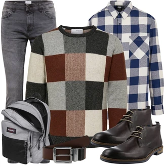 Outfit mit Grau/Hellblau/Blau/Dunkelblau Flanellhemd/Kariertes Hemd/Bluse Große Größe Urban Classics "Freizeit Outfit"