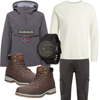 Outfit mit Grau/HellGrau/DunkelGrau Kastenjacke/Funktionsjacke/Segeljacke/Skijacke/Skitourenjacke/Snowboardjacke/Mantel Parka große Größe/Sweatmode Napapijri "Freizeit Outfit"