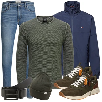 Retro Outfit mit Blau/Hellblau Lederjacke/Slim Fit Jeans/Leder Schuhe/Push up Jeans/Low Rise Jean/Jeans mit Schlitz/Thermojeans/Winterjacke/Schlupfjeans/Knöchelstiefel Jack & Jones "Freizeit Outfit"Look: Uni, Retro, Schlichte, Casual, Nahtlos, Coole, Classic, Disco, Old Money