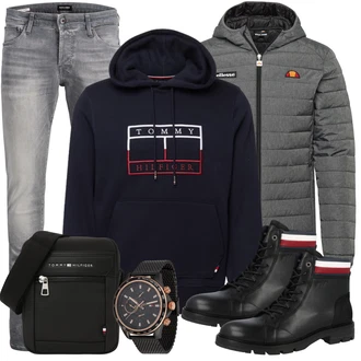 Motorrad Outfit mit Grau/Hellgrau/Dunkelgrau Steppjacke/Kapuzenjacke/Isolationsjacke/Kunstfaserjacke/Thermojacke/Strickjacke Gefüttert/Stehkragen-Strickjacke/Winter Strickjacke/Wolle Strickjacke Ellesse "Freizeit Outfit"Look: Motorrad, Wandern, Rugby