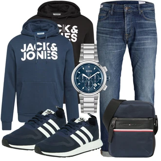 Outfit mit Blau/HellBlau Vintage Jeans/Dad Jeans/Boyfriend Jean/Damen 7/8-Länge Jeans/Tapered-Jeans/Formelles Hemd/Cropped Jeans/Winterjacke/Straight Leg Jean/Jeans mit Schlitz/Girlfriend Jeans/Sportschuhe Jack & Jones "Freizeit Outfit"