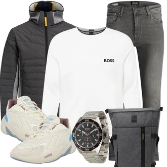 Oversize, Vintage Outfit mit Grau/Hellgrau/Dunkelgrau Lederjacke/Thermojeans/Slim Fit Jeans/Leder Schuhe/Damen 7/8-Länge Jeans/Jeans mit Schlitz/Knöchelstiefel/Cropped Jeans/Tapered-Jeans/Push up Jeans/Winterjacke Jack & Jones "Freizeit Outfit"Look: Uni, Old Money, Schlichte, Vintage, Elegant, Coole, Classic, Smart Casual, Schön