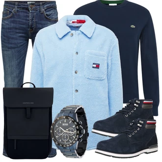 Outfit mit Blau/Hellblau/Dunkelblau Slim Fit Jeans/Herren Lederjacke/Tapered-Jeans/Biker Jeans/Winterjacke/Lederjacke/Leder Schuhe/Low Rise Jean/Thermojeans/Jeans mit Schlitz/Low Waist Jean/Vintage Jeans Only & Sons "Freizeit Outfit"