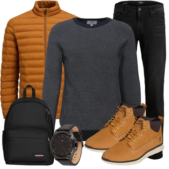 Outfit mit Schwarz/Grau/Dunkelgrau Damen 7/8-Länge Jeans/Sportschuhe/Low Rise Jean/Regular-Fit Jeans/Lederjacke/Slim Fit Jeans/Straight Leg Jean/Leder Schuhe/Tapered-Jeans/Thermojeans/Winterjacke Jack & Jones "Freizeit Outfit"