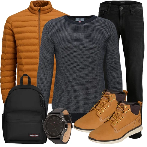 Gelb/Orange/Braun Herbstjacke/Daunenjacke/Leichte Jacke/Merinojacke/Verstaubare Jacke/Steppjacke/Nachhaltige Jacke/Kunstfaserjacke/Thermojacke/Winterjacke/Strickjacke Gefüttert/Stehkragen-Strickjacke Jack & Jones kombinieren