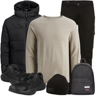 Outfit mit Schwarz/Khaki/Dunkelgrau Cargohose/Funktionshose/Zip Off Hose/Cargo-Jogginghose/Trekkinghose/Winterhose Jack & Jones "Freizeit Outfit"