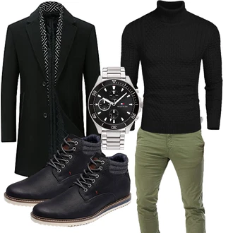 Schmal Outfit mit Schwarz/Dunkelgrün/Hellblau Schmal Geschnittener Mantel/Kaschmir Mantel/Wollmantel/Wintermantel Wollmantel/Blazermantel/Gehröck YOUTHUP "Freizeit Outfit"