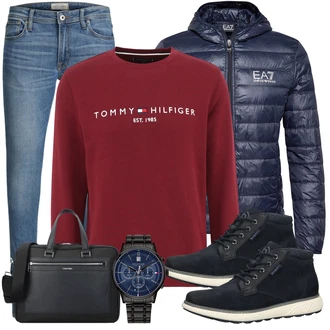 Retro Outfit mit Blau/Hellblau Lederjacke/Slim Fit Jeans/Leder Schuhe/Push up Jeans/Low Rise Jean/Jeans mit Schlitz/Thermojeans/Winterjacke/Schlupfjeans/Knöchelstiefel Jack & Jones "Freizeit Outfit"Look: Uni, Retro, Schlichte, Casual, Nahtlos, Coole, Classic, Disco, Old Money