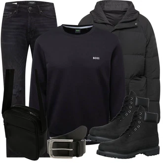 Outfit mit Schwarz/Grau/Dunkelblau/Dunkelgrau Jeans Winterjacke/Jeans mit Loch/Dad Jeans/Herren Lederjacke/Straight Leg Jean/Jeans mit Schlitz/Biker Jeans Jack & Jones "Freizeit Outfit"