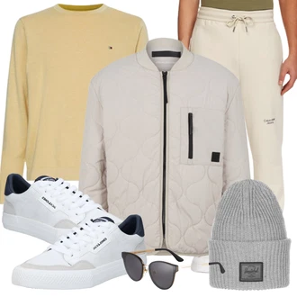 Knielang Outfit mit Weiß/Dunkelblau/Blau/Creme Schmaler Sneaker/Sneaker Low/Leder Sneaker/Skateschuh/Vintage Sneaker Jack & Jones "Freizeit Outfit"