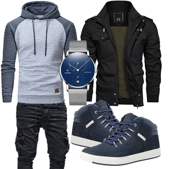 Outfit mit Grau/Dunkelblau/Blau Kapuzenpullover/Kapuzenpullover/Sport Sweatshirt/Ausgefallener Hoodie/Sport Hoodie/Strick Hoodie YuKaiChen "Freizeit Outfit"