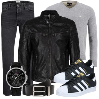 Kurz/Mini Outfit mit Schwarz Lederjacke/Schlaghose Gipsy "Freizeit Outfit"