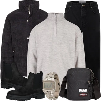 Outfit mit Grau/Hellgrau Einfacher Pullover/Basic Pullover/Wollpullover/Pullover mit Reißverschluss Urban Classics "Freizeit Outfit"