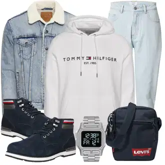 Outfit mit HellBlau/Blau Mom Jean/Tapered-Jeans/Dad Jeans/Boyfriend Jean/Girlfriend Jeans/Jeans mit Schlitz/High Waist Jeans/Cropped Jeans/Vintage Jeans/Herren Lederjacke DAN FOX APPAREL "Freizeit Outfit"