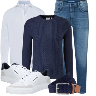 Knielang Outfit mit Weiß/Dunkelblau/Blau/Creme Schmaler Sneaker/Sneaker Low/Leder Sneaker/Skateschuh/Vintage Sneaker Jack & Jones "Freizeit Outfit"