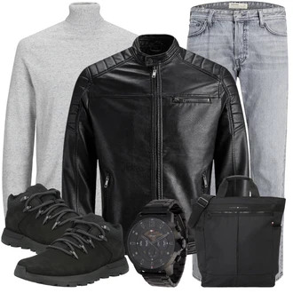 Große Größen Outfit mit Schwarz/Creme/Dunkelgrün Mantel/Lederjacke/Leder Bomberjacke/KunstLederjacke/Vintage Lederjacke/Bikerjacke/Motorradjacke Jack & Jones "Freizeit Outfit"