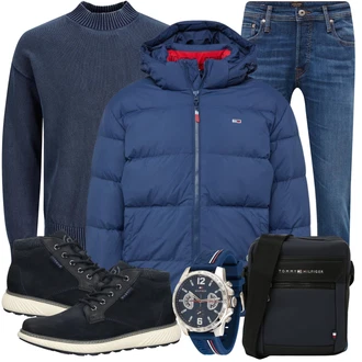 Winter Outfits mit Blau/Hellblau Slim Fit Jeans/Leder Schuhe/Lederjacke/Damen 7/8-Länge Jeans/Low Rise Jean/Tapered-Jeans/Winterjacke/Low Waist Jean/Schlupfjeans/Jeans mit Schlitz/Straight Leg Jean/Regular-Fit Jeans/Cropped Jeans/Knöchelstiefel Jack & Jones "Freizeit Outfit"