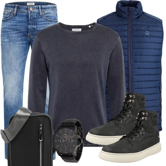 Outfit mit Dunkelblau/Dunkelgrau Feinstrickpullover/Wollpullover/Kaschmir Pullover/Einfacher Pullover/Basic Pullover/Stillpullover/Strick Top/Langarm-Shirt/Klassische Länge/Longshirt/Hemdoberteil/Rollkragenshirt Jack & Jones "Freizeit Outfit"