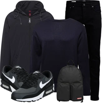 90er Skating Outfit mit Grau/Dunkelblau/Dunkelgrau/Blau/Hellgrau Sneaker Low/Skateschuh/Vintage Sneaker/Winter Sneaker/Schmaler Sneaker Nike Sportswear "Freizeit Outfit"Look: Empire, Smart Casual, Streetwear, Skater, Schön, Classic, Premium, Elegant, Esthetische, Sportlich, 90er, Skating, Baseball, Fußball