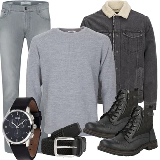 Winter Outfit mit Grau/Schwarz/Dunkelgrau Springerstiefel/Schnürstiefelette Mustang "Freizeit Outfit"