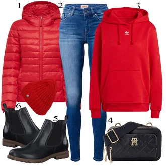 Outfit sa Crvena Prošivena Jakna/Pernata Jakna/Održiva Jakna/Ljetna pod-Jakna/Donja Jakna/Zimska Jakna/Jakna za Pakiranje/Puferica Jakna/Jakna s Kapuljačom Only "Tvoj otmjeni outfit"