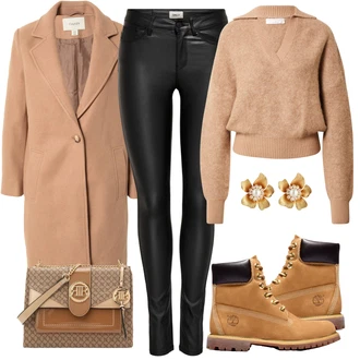 Outfit s Tmavě hnědá/Hnědá/Červená Šněrovací Kozačka/Nepromokavá Kozačka/Trekingová Bota/Klasická Kozačka Timberland "Módní zimní outfit"