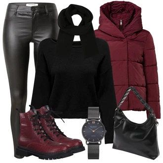 Outfit s Černá Kožená bunda/Svetrová Vest Dlouhý svetr/Midi Kabát Dorothy Perkins "Módní zimní outfit"