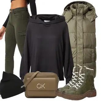 Venkovní Outfit s Černá/Tmavě šedá Originální mikina/Svetr S Kapucí/Pletená mikina s kapucí/Kožená bunda/Sportovní mikina/Sportovní mikina/Vintage mikina Only "Módní zimní outfit"Look: Ležérní, Pro Dům, Venkovní, Nadrozměrné, Skater, Sportovní, Univerzitní