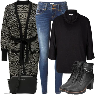 Outfit s Modrá Kožená bunda/Midi Kabát/Svetrová Vest Dlouhý svetr LTB "Módní zimní outfit"