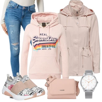 Outfit s Růžová/Hnědá Mikina s kapucí Sportovní mikina/Vintage mikina/Originální mikina/Pletená Mikina s kapucí/Svetr S Kapucí Superdry "Módní zimní outfit"
