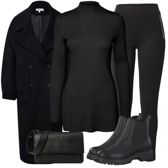 Outfit s Černá Taška/Dlouhé Šaty/Dlouhá tylová sukně/Doplňek/Dlouhý Zimní Kabát Calvin Klein "Módní zimní outfit"