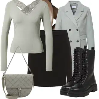 Kombinacije za zimu Gotički sa Crna Čizma na Vezanje/Motociklistička čizma/Klasična čizmica/Borbena Čizma About You "Moderan zimski outfit"Look: Vanjski, Egirl, Techno, Punk, Gotički