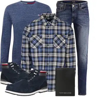 Outfit mit Blau/DunkelBlau Low Rise Jean/Low Waist Jean/Lederjacke/Slim Fit Jeans/Leder Schuhe/Winterjacke Jack & Jones "Modisches Winter Outfit"